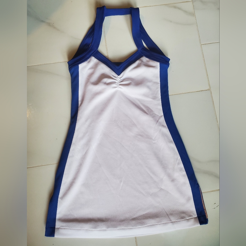 White and Blue Jersey Mesh Cheer / Dance Athletic Halter Dress